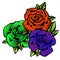 Rose flower, tattoo sketch. Three flowers roses in unusual bright colors creative, purple bud, orange and green rosebud