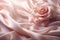 Rose flower on a waved draped soft pink silk fabric. Texture horizontal copy space background