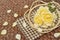 Rose flowers decorate on wooden surface.