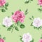 Rose flowers, petals and leaves in watercolor style on green dotted background. Seamless pattern for textile, wrapping