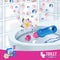 Rose fragrance toilet cleaner gel disc ads. Vector realistic Illustration with toilet bowl gel dispenser and gel discs. Poster.