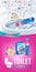 Rose fragrance toilet cleaner gel disc ads. Vector realistic Illustration with toilet bowl gel dispenser and gel discs. Vertical b