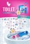 Rose fragrance toilet cleaner gel disc ads. Vector realistic Illustration with toilet bowl gel dispenser and gel discs. Vertical p