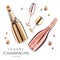 Rose gold champagne bottles with wine glasses, luxury festive alcohol products for celebration, vector illustration.