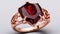 Rose gold fashion ring with dark red stone, garnet imitation.