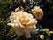 Rose \\\'Golden Years\\\' flowering with clusters of cupped, fully double, golden yellow flowers