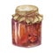 Rose hip jam in glass jar with canvas fabric lid and twine rope bow. Rosehip berry breakfast jelly watercolor