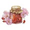 Rose hip jam in glass jar with canvas lid, bow and dogrose flowers Rosehip berry breakfast jelly watercolor illustration