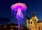 Rose light jellyfish at night in Prague