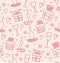 Rose light seamless pattern with gifts, candles, goblets. Endless decorative romantic background with boxes of presents