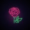 Rose neon sign. Light flower on brick wall background.