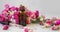 Rose oil. Spa and aromatherapy rose flowers essential oil bottle with pipette