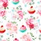 Rose, peony, hydrangea, camellia, tasty cupcakes seamless vector