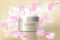 Rose petal flower extract cosmetic ads template, realistic 3D illustration skincare moisturizing mockup elegant glow