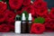 Rose Petal oil and cream in bottles and fresh