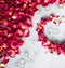 Rose petals on marble background, floral decor and wedding flatlay, holiday greeting card backdrop for event invitation