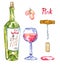 Rose (pink) wine bottle, wineglass, grapes, corkscrew, cork and stain, isolated set