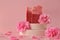 Rose soap. Beauty and aromatherapy. Flower soap. Pink soap bars and pink roses on pink background.