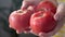 Rose tomatoes close up on white table. Autumn or summer harvest. fresh organic food from garden