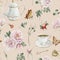 Rosehip pink flowers, red berries, leaves, white porcelain teaware and butterflies, watercolor seamless pattern on beige