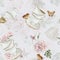 Rosehip pink flowers, red berries, white porcelain teaware and butterflies, watercolor seamless pattern on light blue