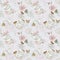 Rosehip pink flowers, red berries, white porcelain teaware and butterflies, watercolor seamless pattern on light blue