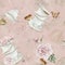 Rosehip pink flowers, red berries, white porcelain teaware and butterflies, watercolor seamless pattern on peach pink