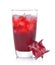 Roselle flower juice in glass with ice on white backgro