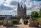 Rosenborg Castle facade with Lion Statues in Copenhagen, Denmark