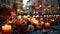 Roses and candles on wet street. Method of honoring the memory of victims of mass disasters