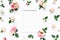 Roses and cloves, branches, floral pattern on white background. Flat lay, top view. Valentine`s background. Floral frame