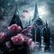 Roses draped with frost fantasy magical with gothic church background. Generative AI