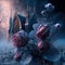 Roses draped with frost fantasy magical with gothic church background. Generative AI