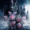 Roses draped with frost fantasy magical with gothic church background. Generative AI