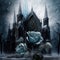 Roses draped with frost fantasy magical with gothic church background. Generative AI