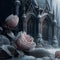 Roses draped with frost fantasy magical with gothic church background. Generative AI