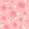 Roses and gemstones seamless pattern on a pink background. Flowers and precious quartz repetitive objects.