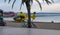 Roses, Girona, Spain- August 21, 2019: Yellow rescue helicopter on the beach