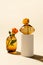 Roses in glass vases and white cylinder podium on beige background