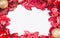 Roses petals on white isolated background. Love template for valentines day pink flowers around. Nothing in in center