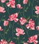 Roses pink plant botanical wild pattern. Watercolor jungle wallpaper on dark background. Garden dark beauty floral art