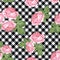 Roses seamless pattern on black and white gingham, chequered background. Vector illustration