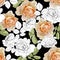 Roses seamless pattern. Large line flowers and green leaves on black background.