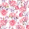 Roses soft pink flowers and leaves, hand painted watercolor illustration, seamless pattern design on white
