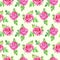 Roses soft pink flowers and leaves, hand painted watercolor illustration, seamless pattern design on yellow background