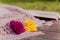 Roses on wooden table.