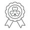 Rosette award clover medal thin line icon, st patrick`s day and holiday, luck clover sign, vector graphics, a linear