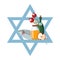 Rosh Hashana greeting card, invitation with jewish star, honey, fish, wine and apple. Vector illustration, flat design.
