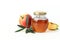 Rosh hashana, Jewish New Year greeting card, invitation. Traditional food still life composition with honey jar, apple
