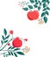 Rosh Hashana, Jewish New Year greeting card with pomegranate, apple and flowers. Vector illustration